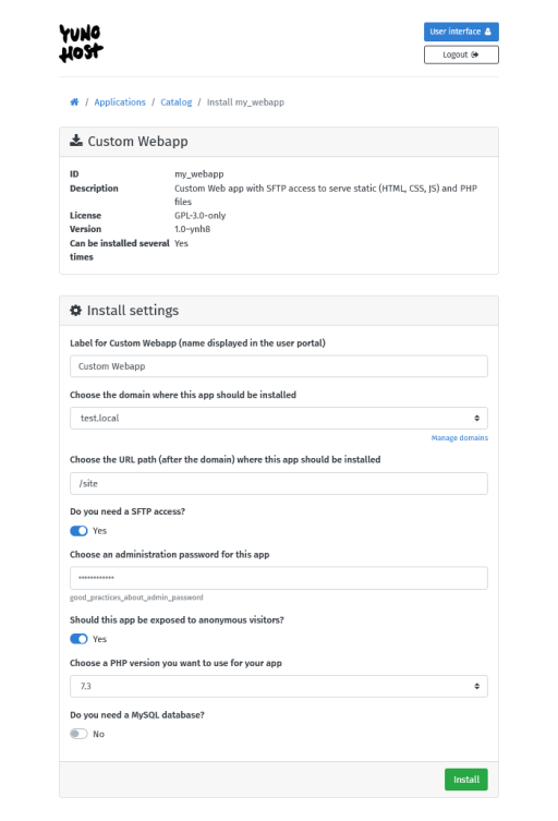 Custom Webapp install form