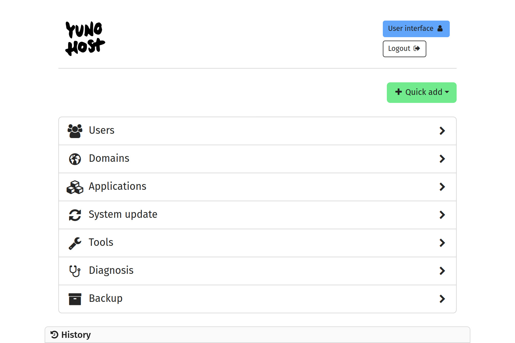 Screenshot of the web administration panel displaying the following categories: users, domains, apps, upgrade, services, tools and backup