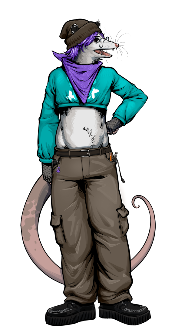 Image of Claude, YunoHost's mascot. The humanoid oppossum stands with purple hair and scarf, round glasses, beige pants with pockets and a blue crop top with the YunoHost logo.