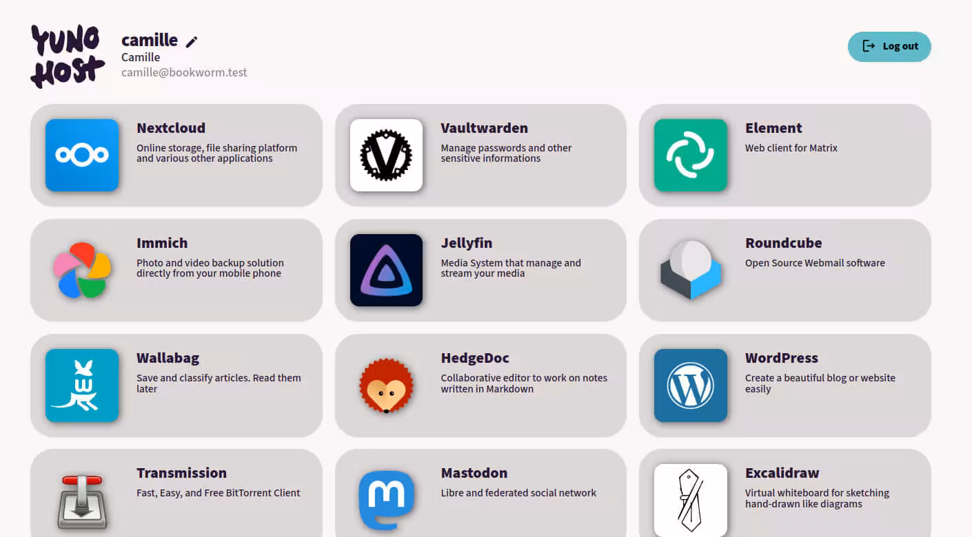 Screenshot of the user portal from which users can access the apps installed on the server, light version with description of each app.